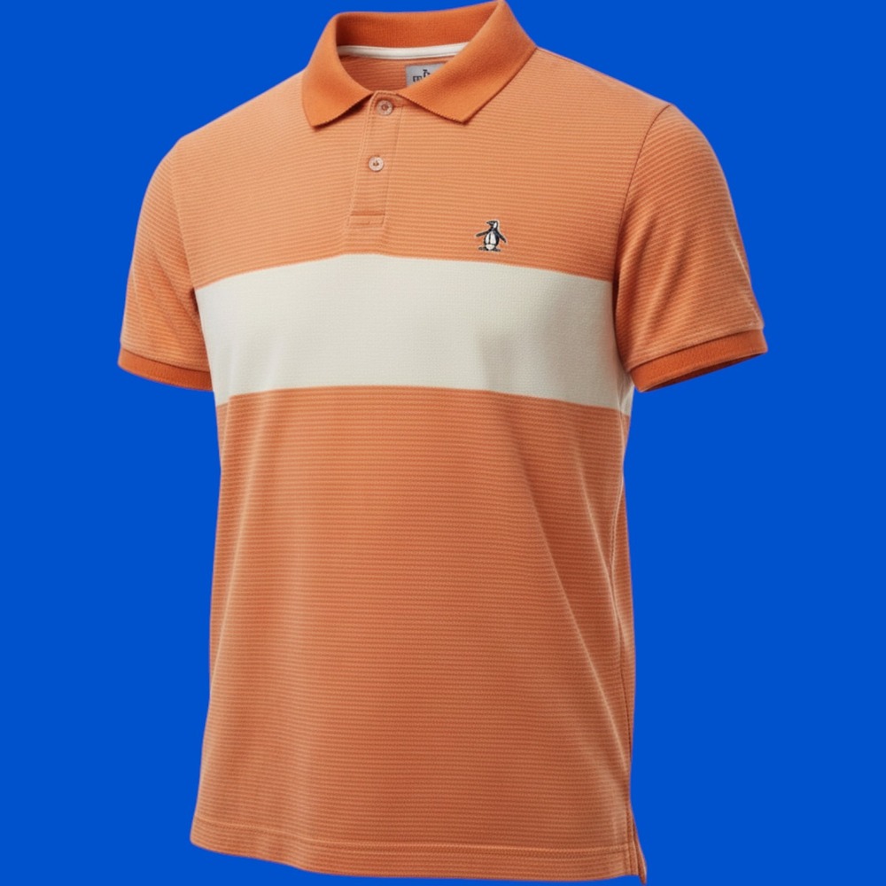 Original Penguin Mens Orange Striped Short Sleeve Polo Shirt Large Pete Logo